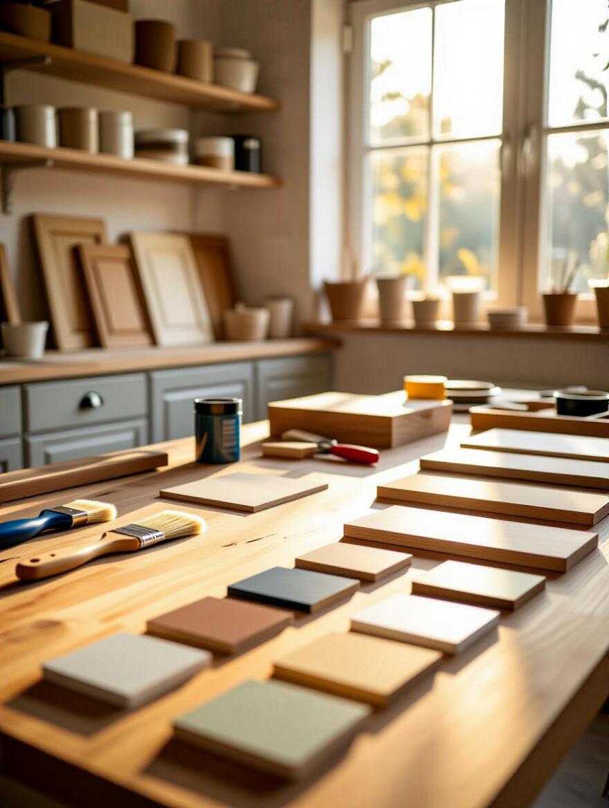 Organized kitchen cabinet workshop with tools and materials for painting