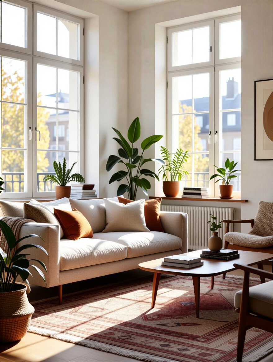 Cozy and personalized living room interior showcasing a unique style persona with warm natural lighting and eclectic decor