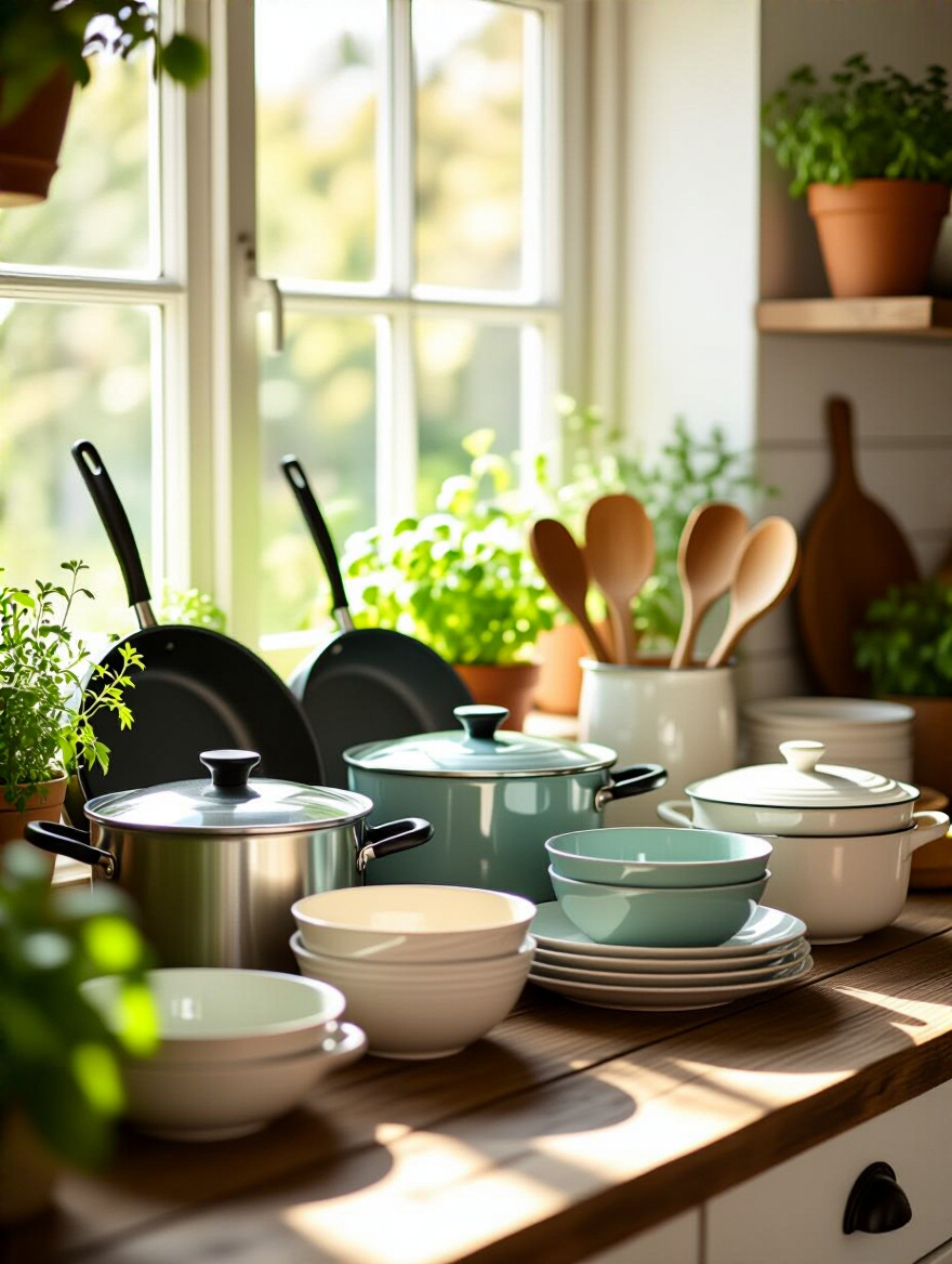A serene kitchen scene with unused kitchenware beautifully arranged on a wooden table, showcasing sustainability.