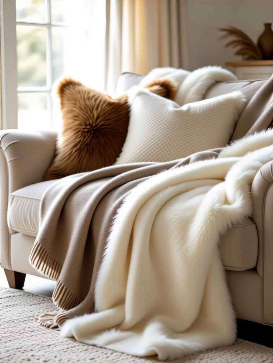Cozy living room sofa with luxurious throws and blankets draped creating warm snuggle spots