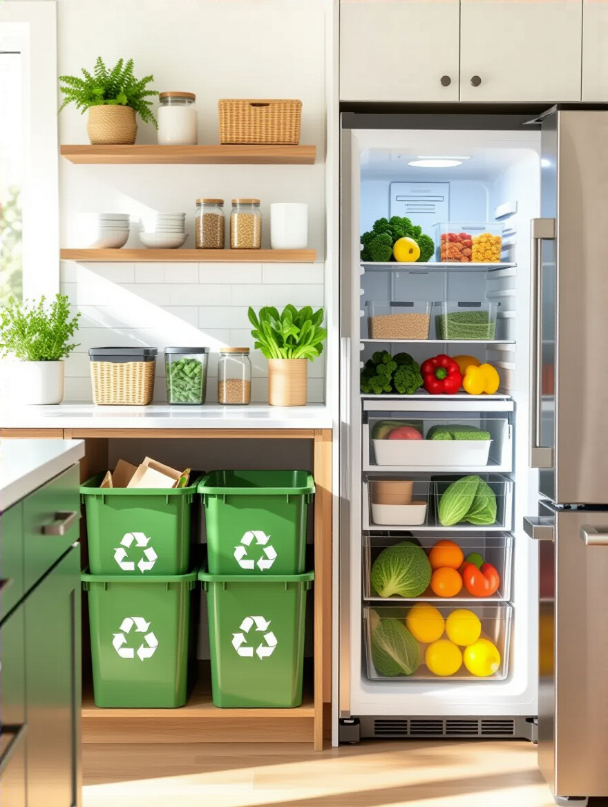A modern kitchen highlighting eco-friendly practices with organized recycling and sustainable materials.