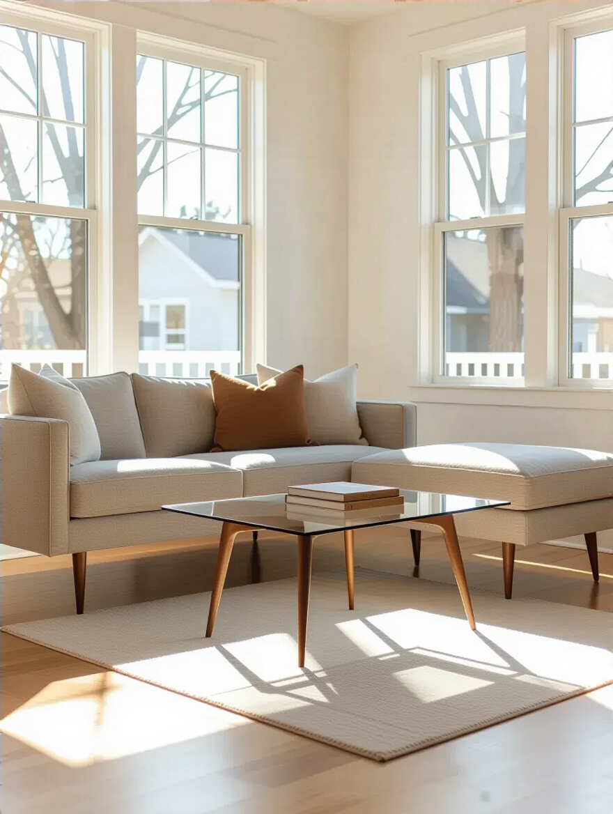 Modern small living room with furniture elevated on slender legs showing visible floor space and an airy atmosphere