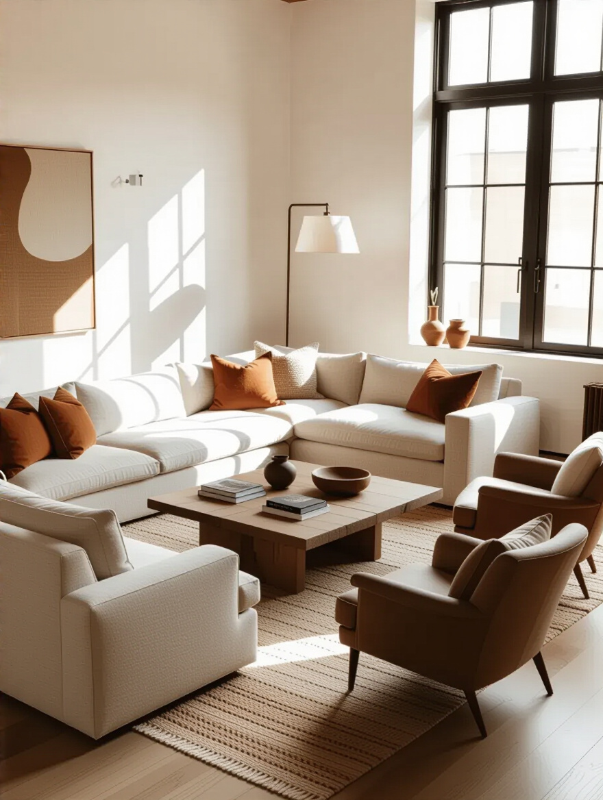 Eclectic living room with asymmetrical furniture arrangement featuring sectional sofa and mismatched armchairs creating visual balance