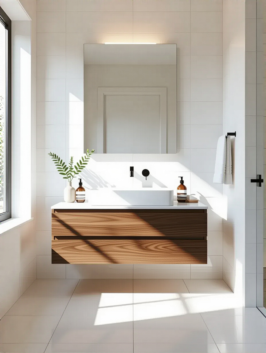 Modern small bathroom with a sleek floating vanity mounted on the wall showing visible floor space beneath