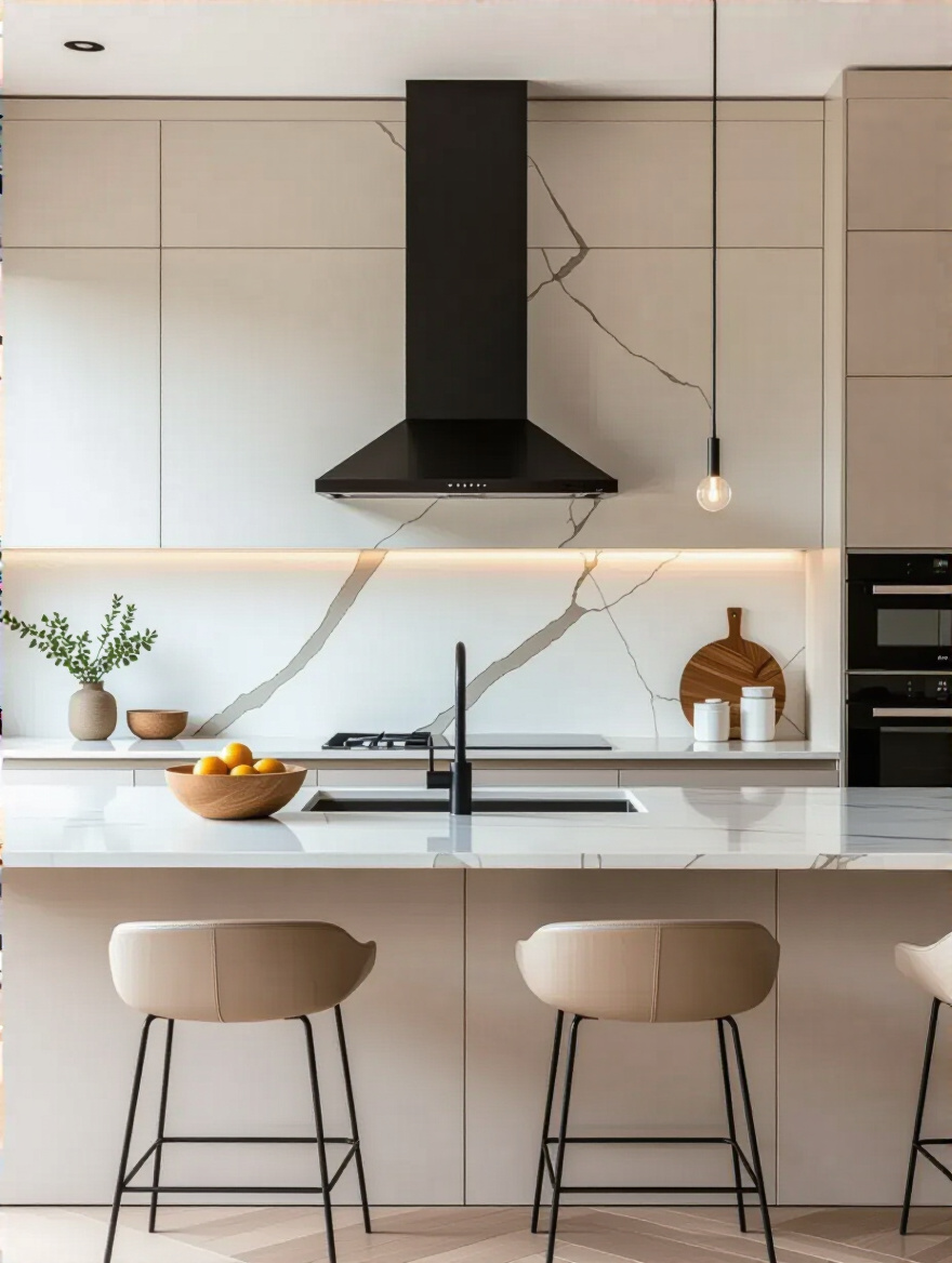 Contemporary kitchen backsplash with large-format porcelain slab featuring seamless marble-look surface
