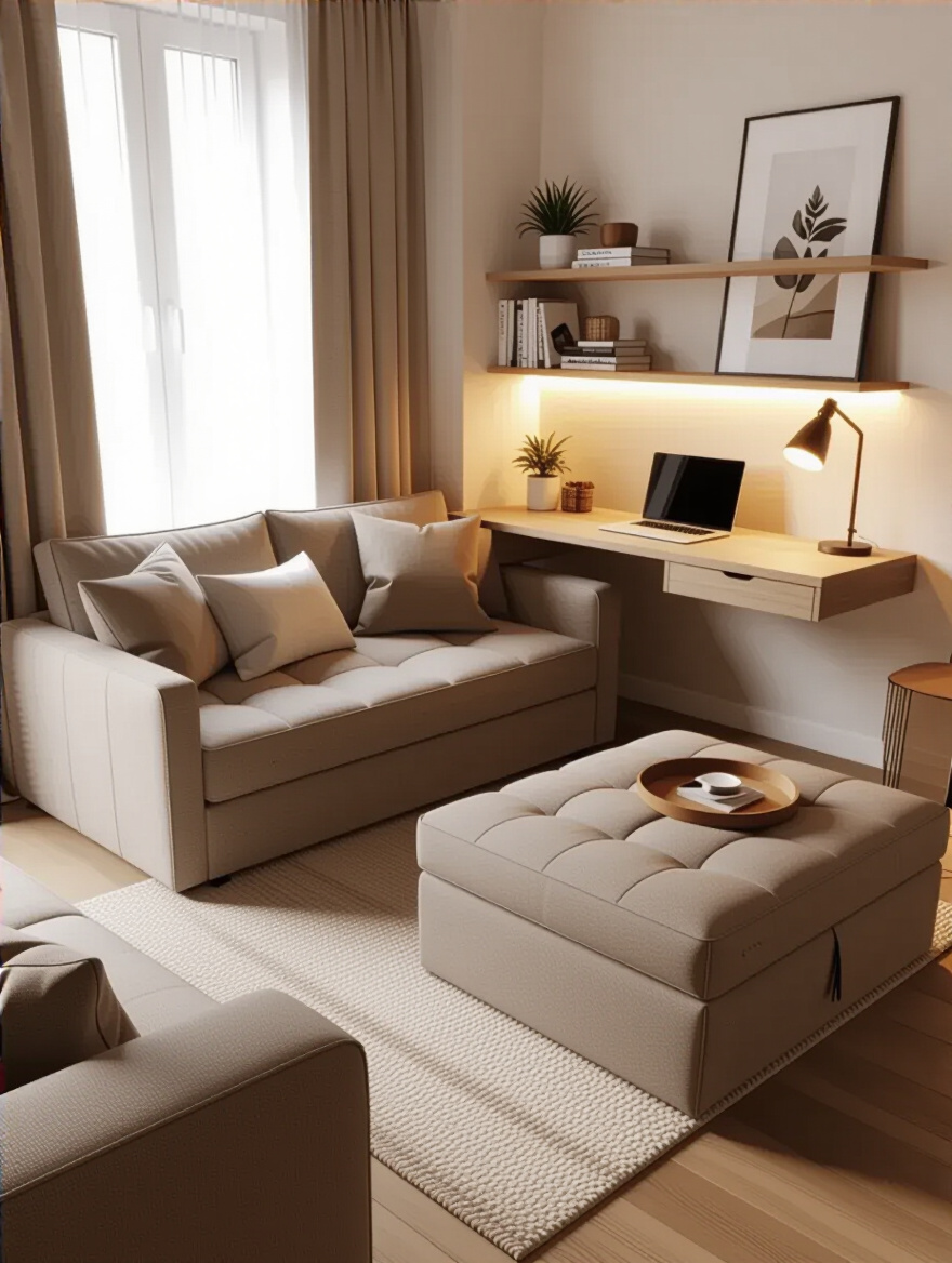 A small living room featuring multi-functional furniture including a sofa bed, storage ottoman, and wall-mounted desk.