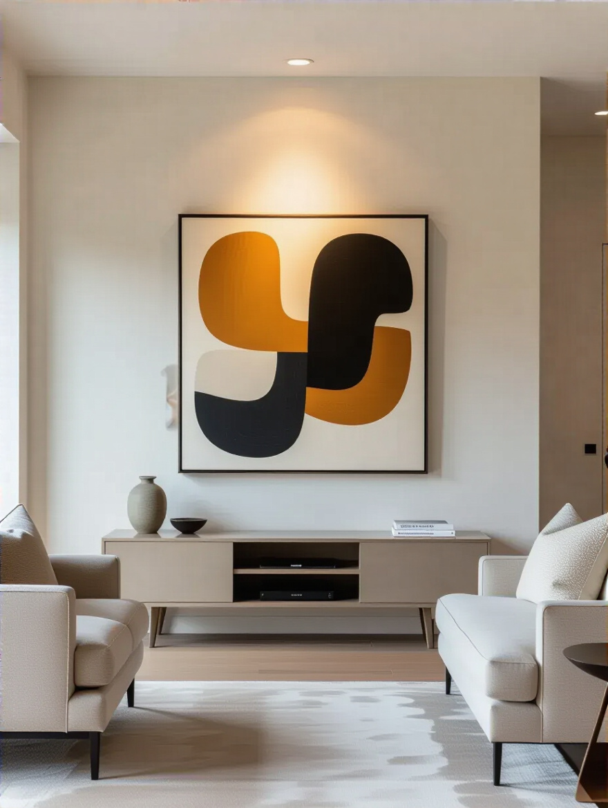 Small living room with a single large abstract artwork as focal point, minimal furniture, and soft directional lighting