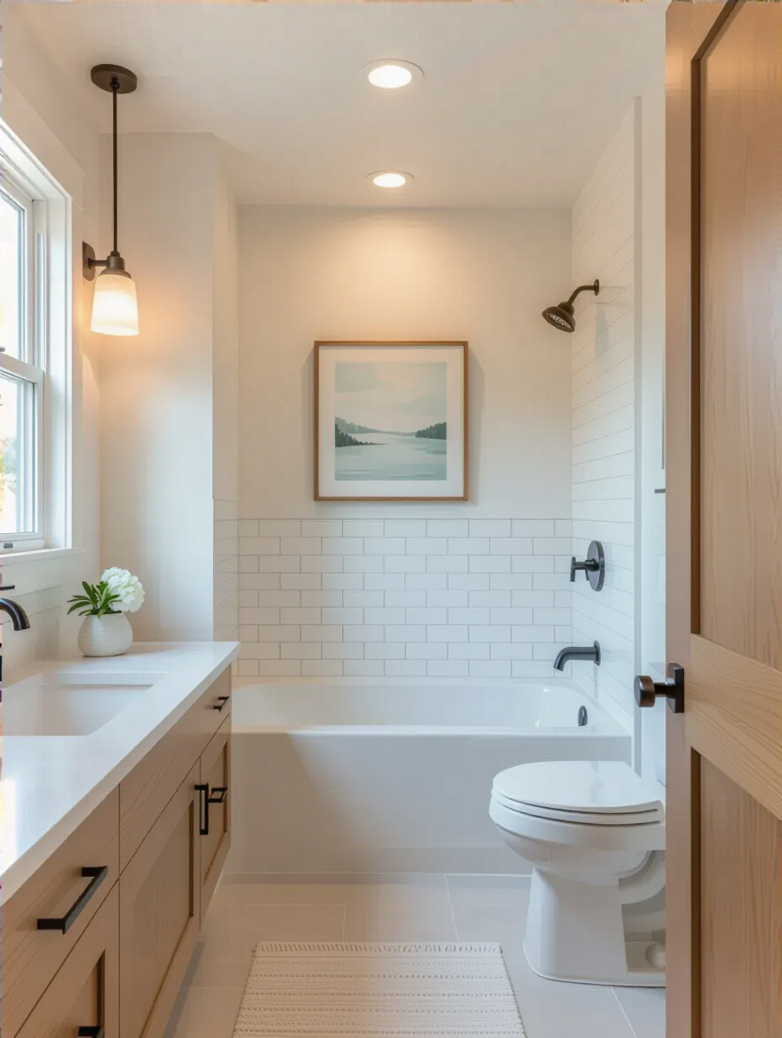 Small bathroom interior featuring light color palette on walls and ceiling to visually expand space