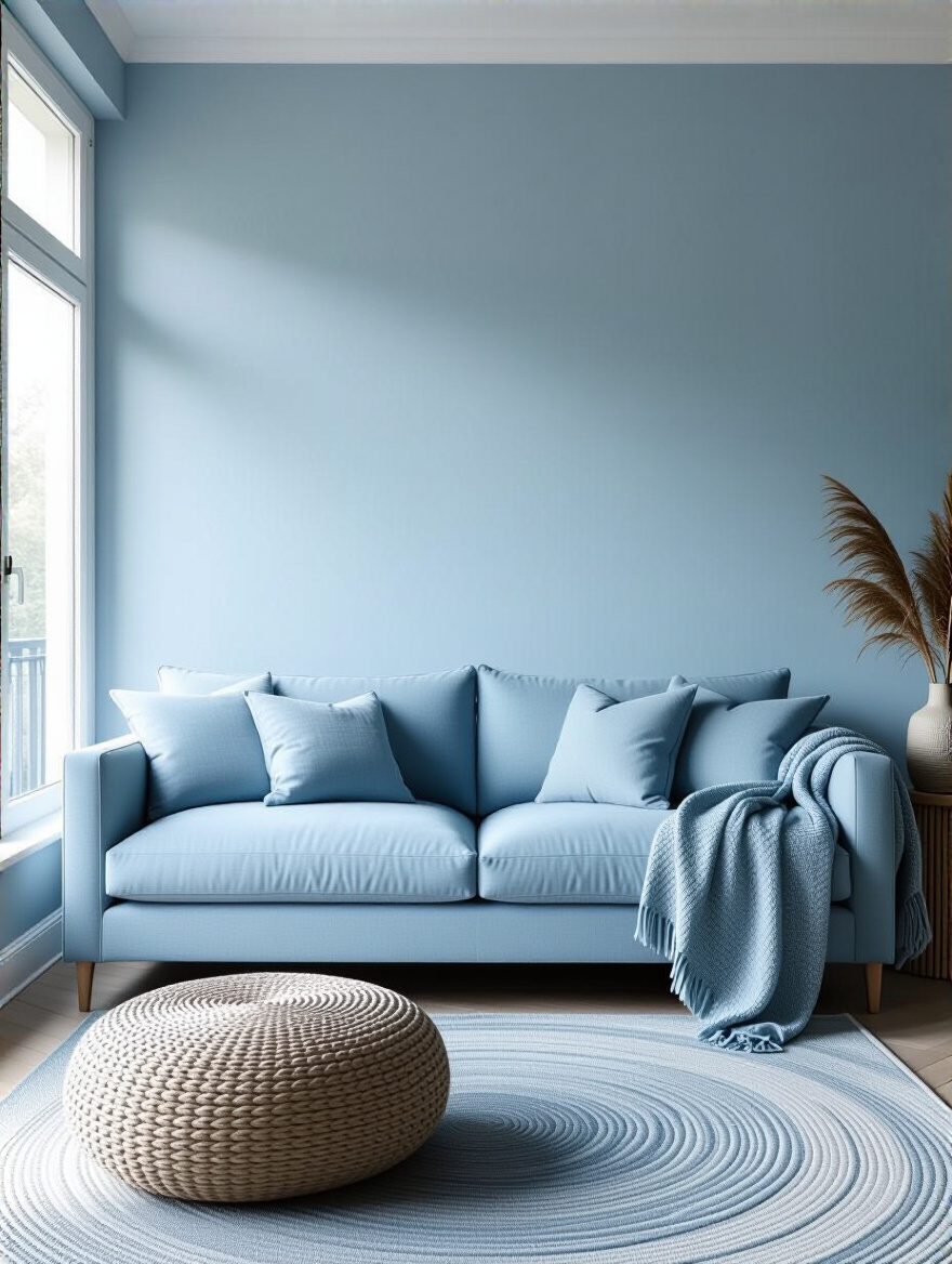 Small living room designed with a soft blue monochromatic color scheme.
