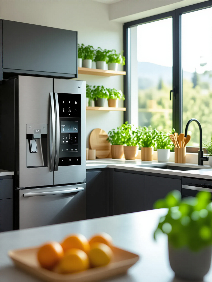 Modern kitchen with smart home devices integrated into eco-friendly appliances