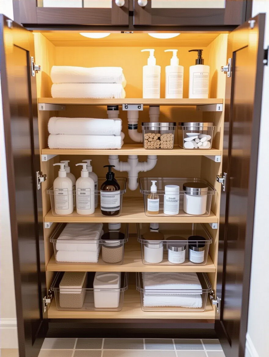 Small bathroom vanity cabinet with organized under-sink adjustable shelves and storage bins