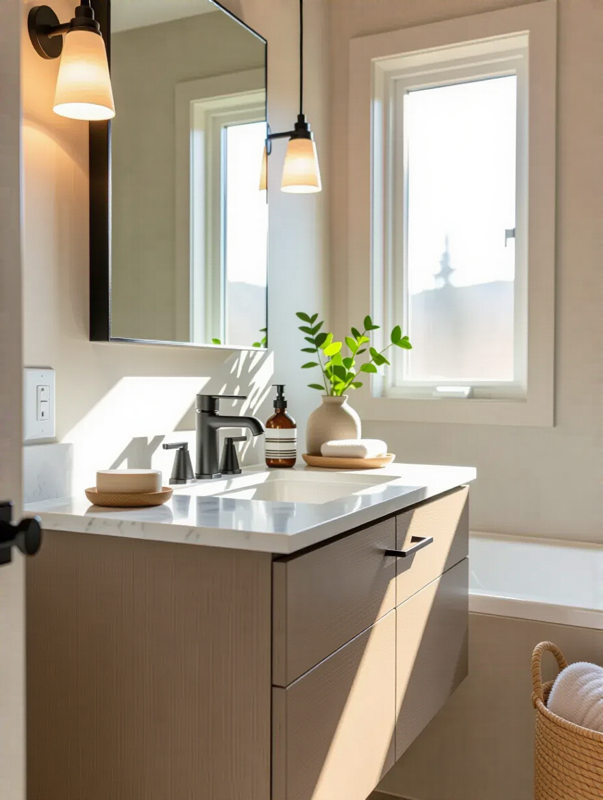 Small bathroom vanity with cultured marble countertop under natural light showcasing cost-effective budget-friendly design