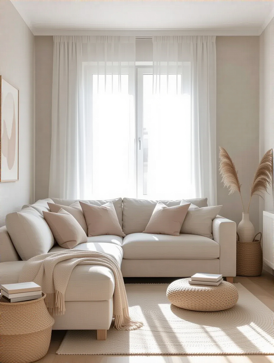 A small living room with a light color palette designed to enhance openness, featuring soft gray walls and a beige sofa.