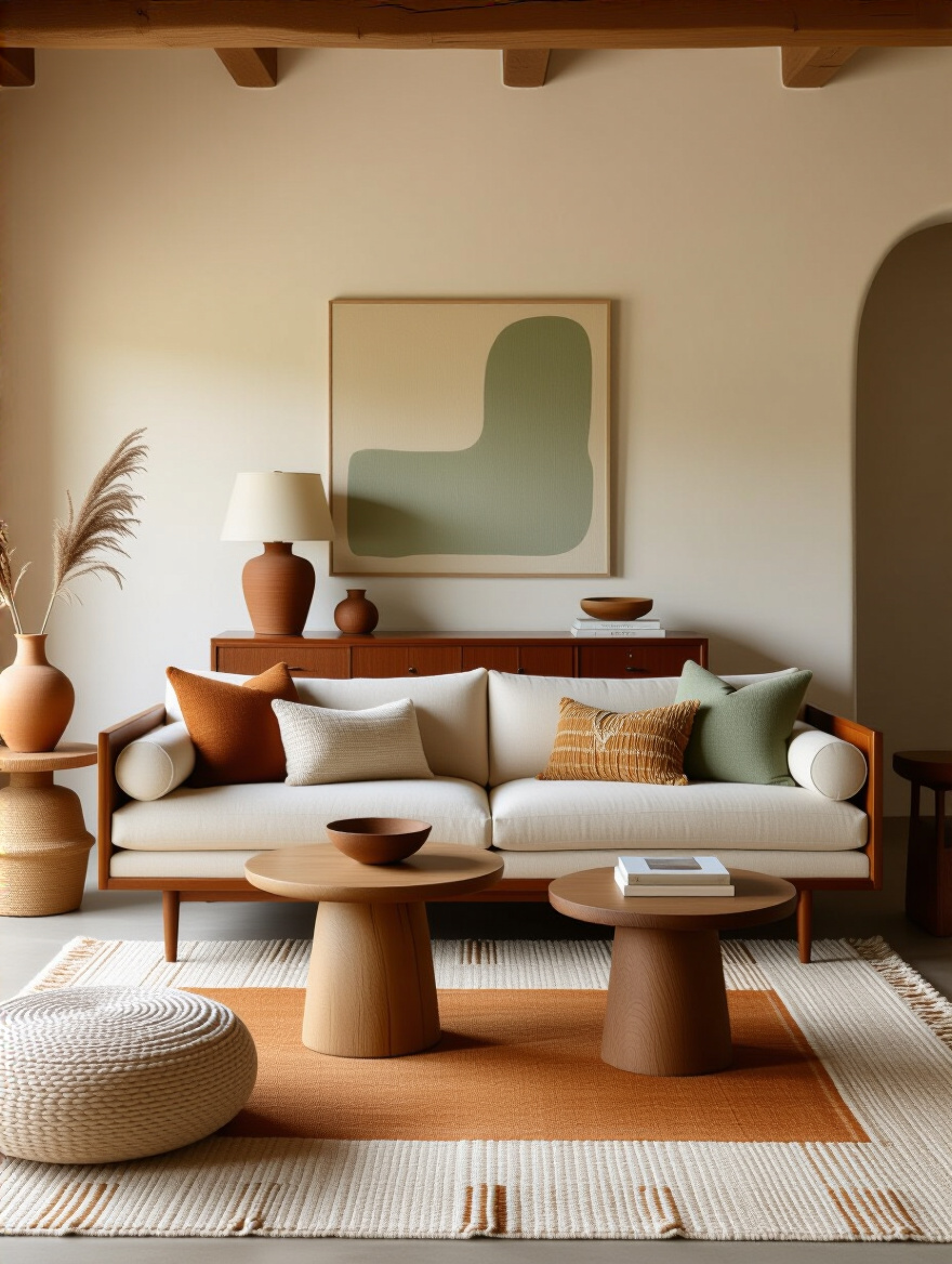 Eclectic living room with diverse furniture styles unified by warm ochre, sage green, and creamy white color palette