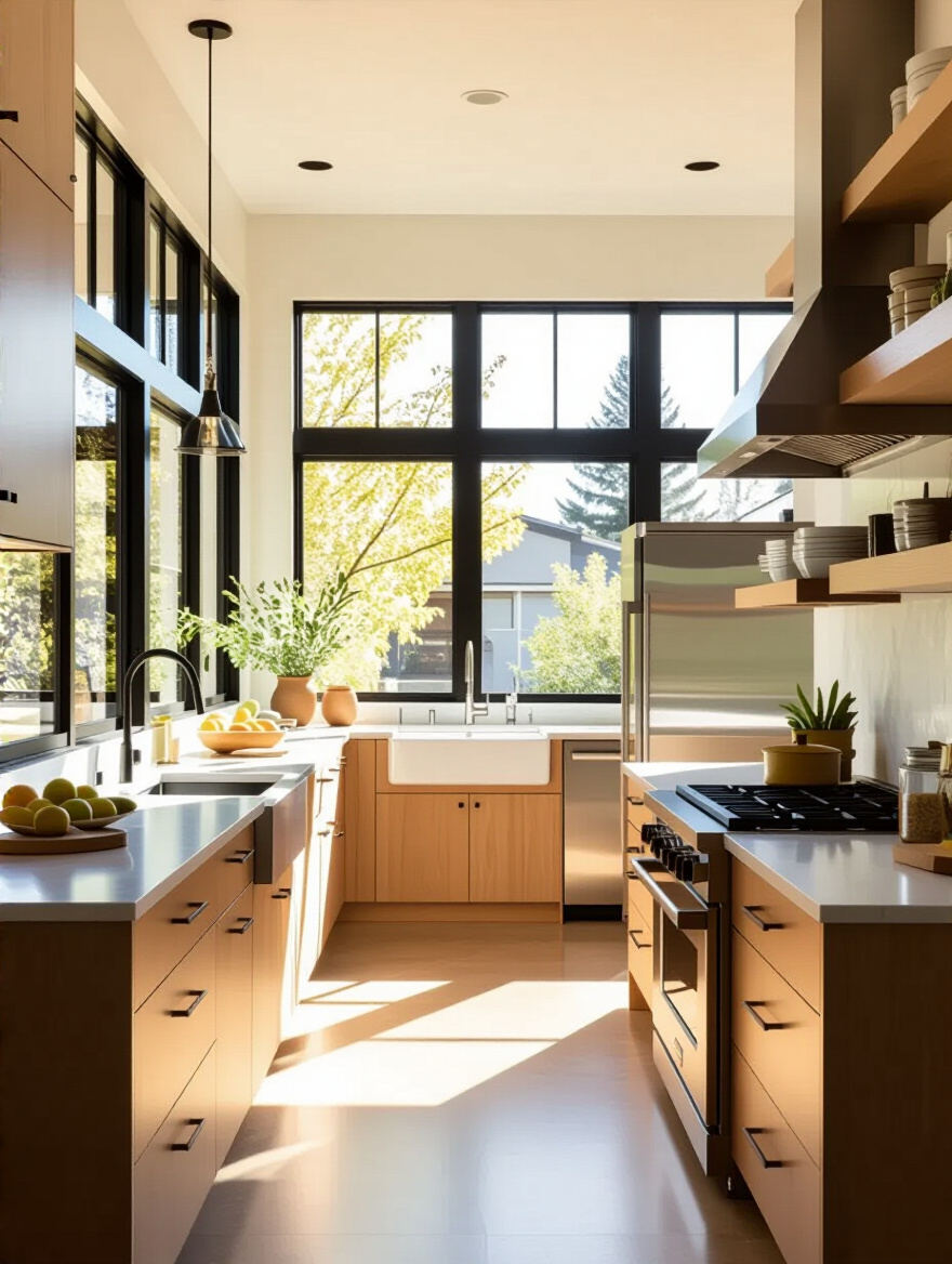 Modern kitchen layout designed for eco-flow efficiency with natural light and functional zones.
