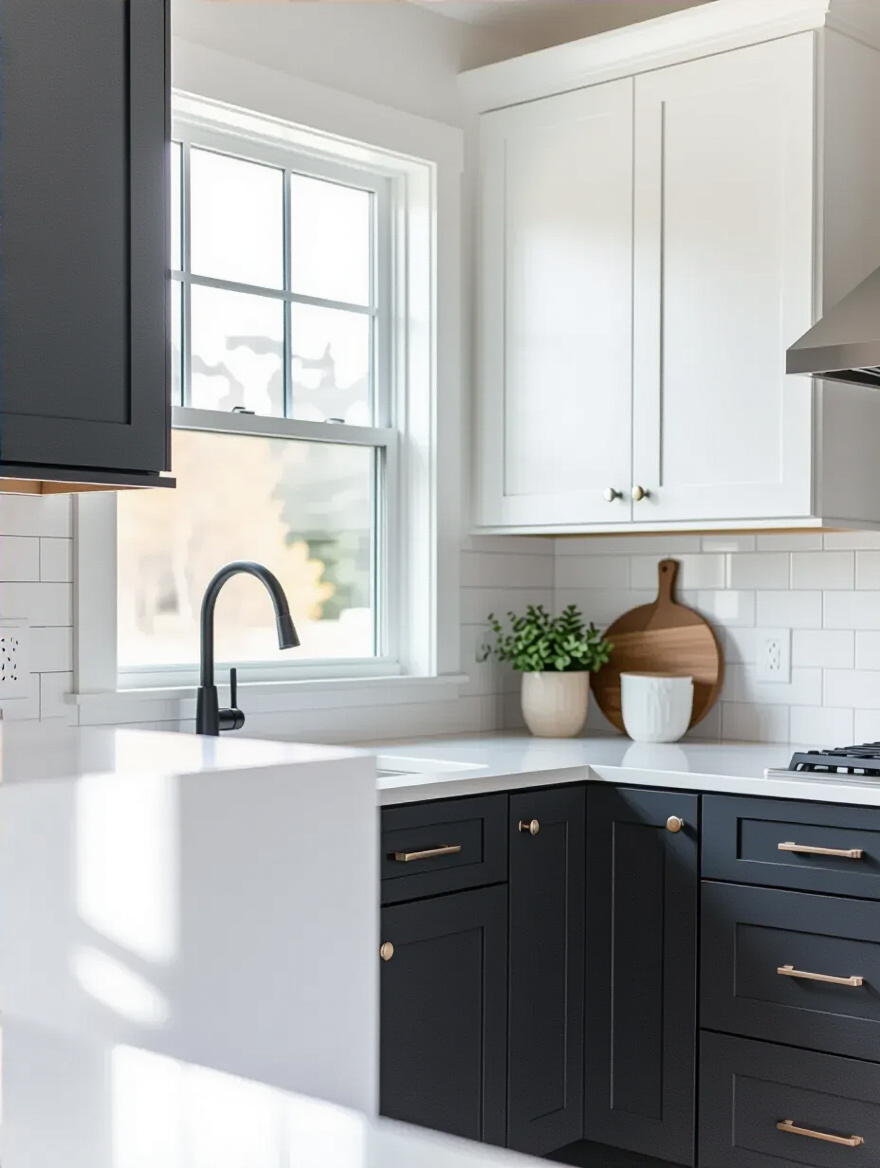 Modern kitchen featuring two-tone cabinet finishes with white upper cabinets and charcoal gray lower cabinets.