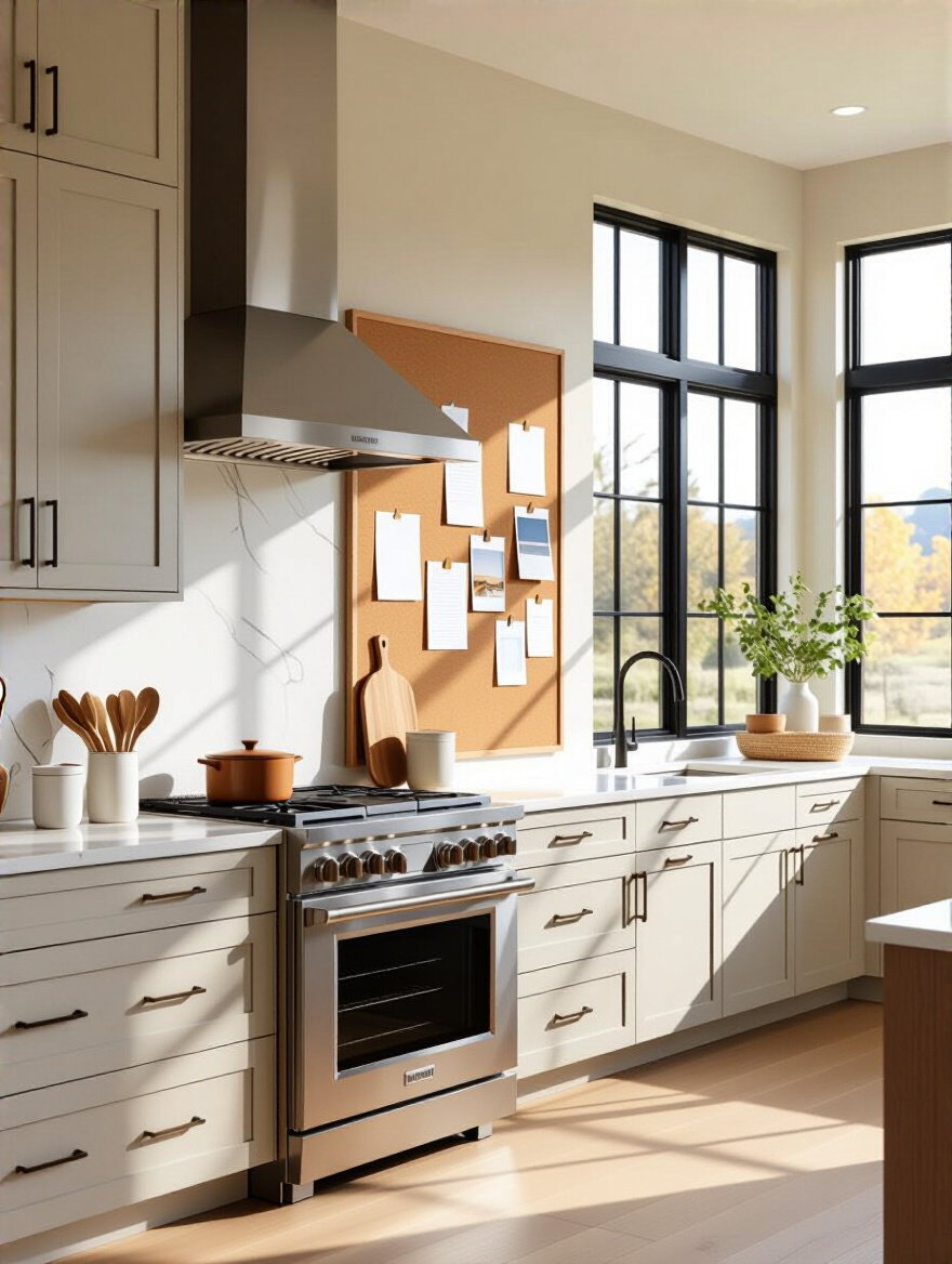 Inspiration board for contemporary kitchen design showcasing various cabinet styles and finishes
