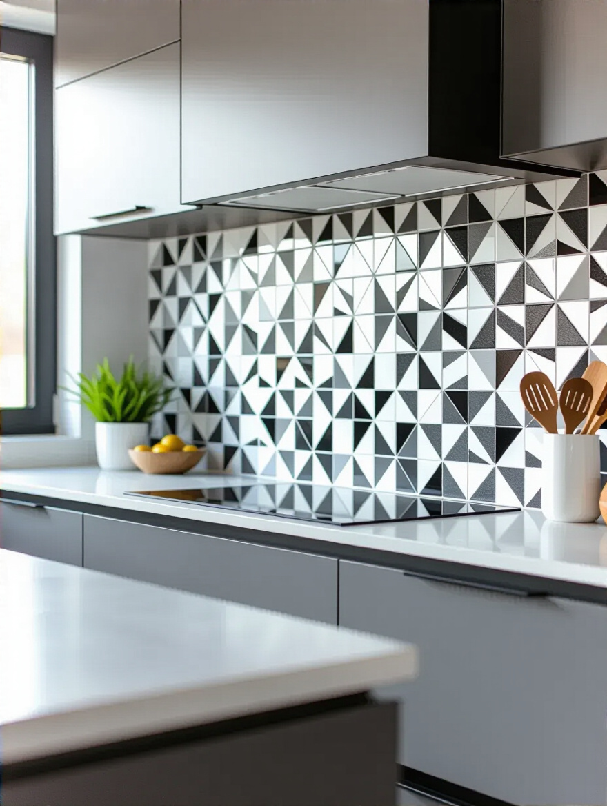 Contemporary kitchen with bold geometric patterned backsplash showcasing artistic design