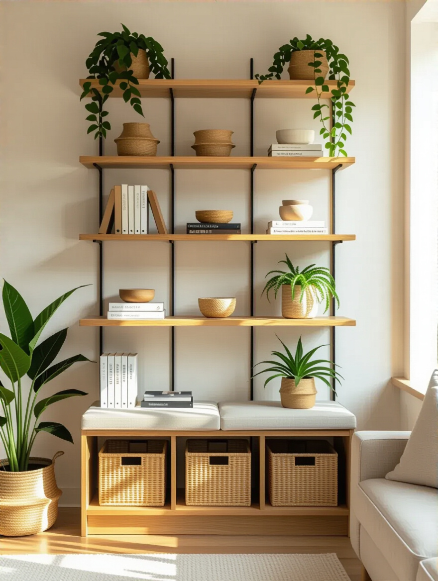 Small living room with vertical wall shelving displaying books and decor