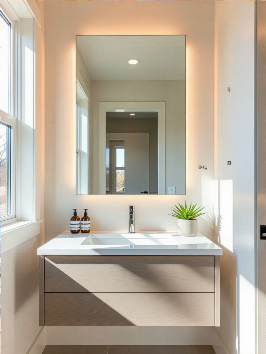 Small bathroom with oversized frameless mirror reflecting natural light to create a spacious feel