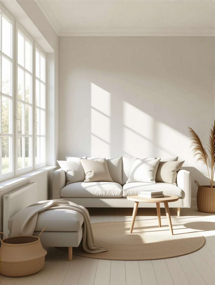 Small living room with light-colored walls expanding perceived space and natural light