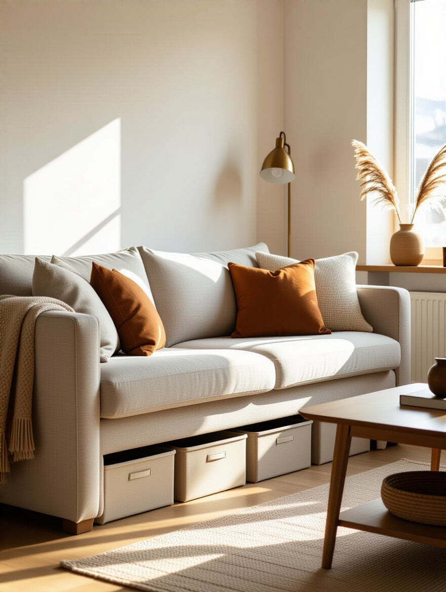 Cozy small living room with under-furniture storage bins and elegant decor