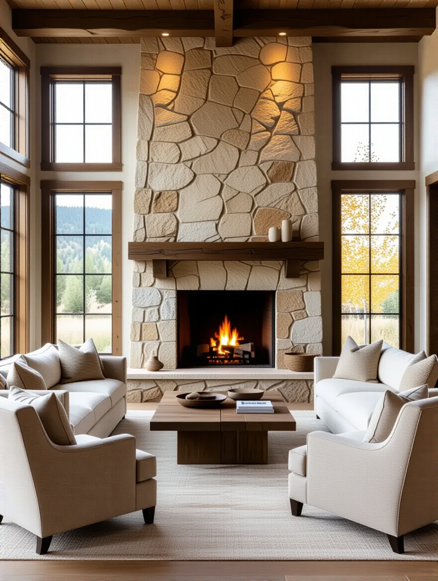 Living room with a natural focal point featuring a stone fireplace and well-arranged seating illuminated by accent lighting
