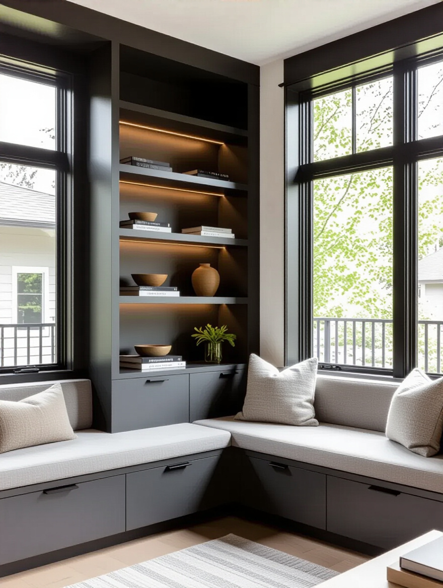 Modern small living room with integrated built-in storage solutions