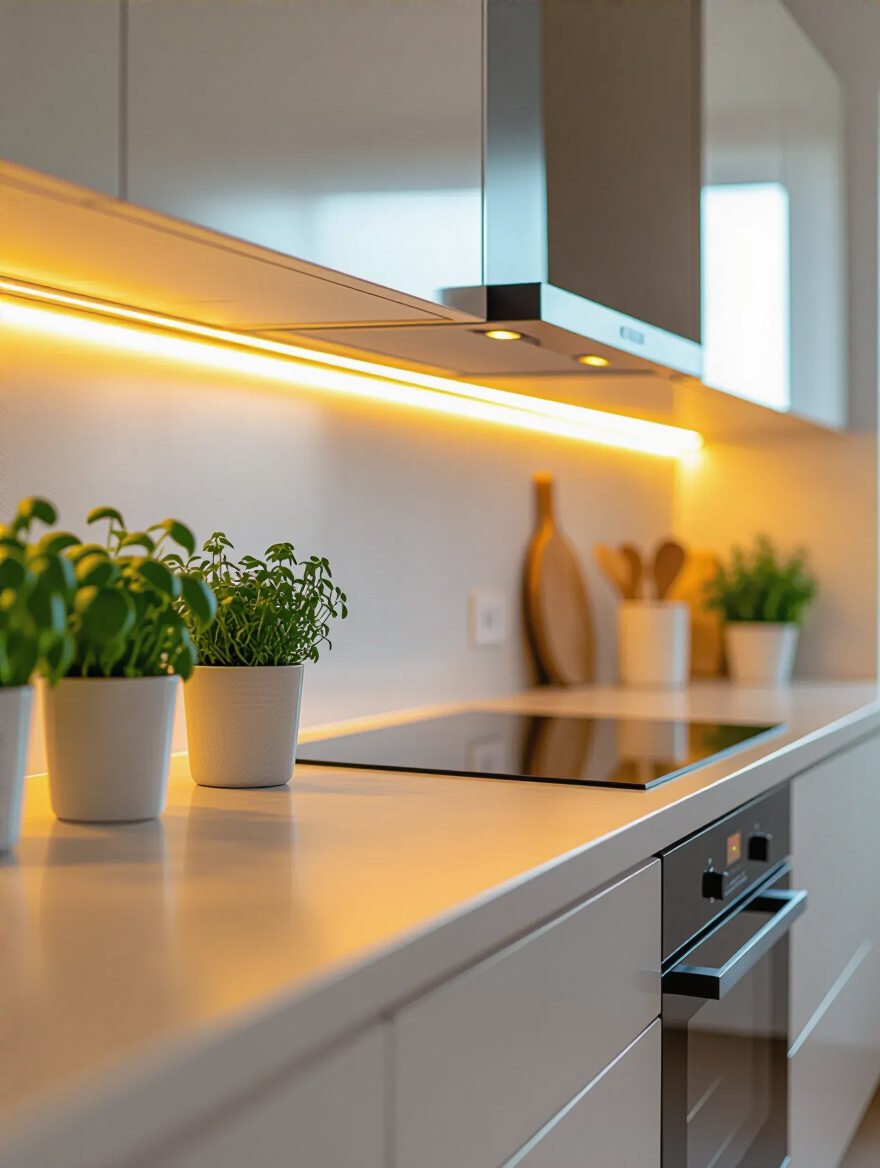 Modern kitchen with under-cabinet LED lighting illuminating countertops