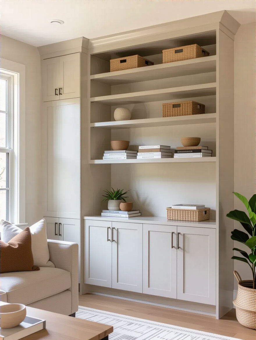 Small living room with full-height vertical storage solutions utilizing wall space to the ceiling, featuring mixed open and closed shelving in a minimalist design