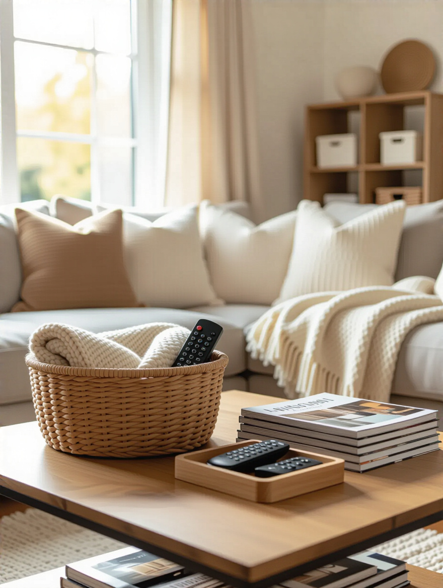 Cozy warm living room with organized storage baskets, remote caddy, and tidy surfaces illustrating the one-touch cleaning rule