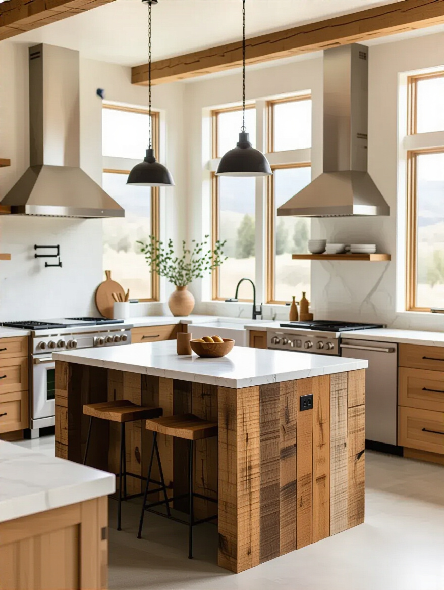 Modern kitchen featuring durable, non-toxic building materials like reclaimed wood and natural stone countertops.