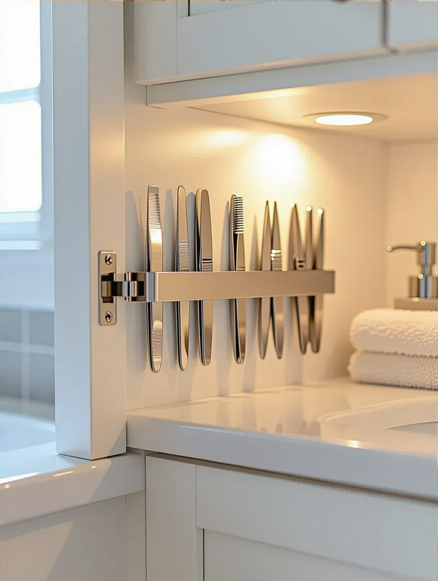 Small bathroom vanity cabinet door with magnetic strip organizing metal grooming tools