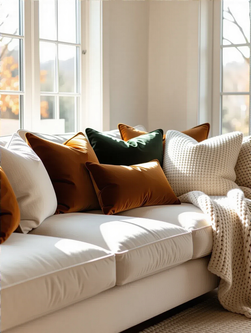 Cozy living room sofa with layered plush cushions and pillows in warm natural light