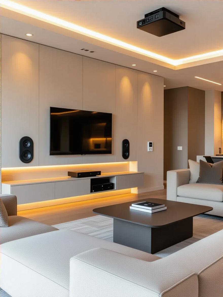 Modern living room with discreetly integrated smart technology, hidden devices, and clean minimalist design