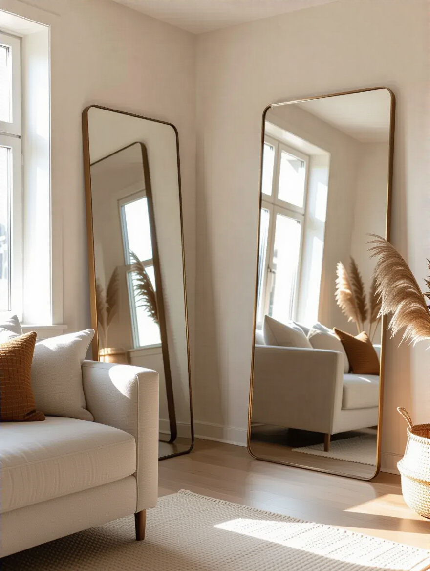 Small living room with strategically placed mirrors enhancing visual depth.