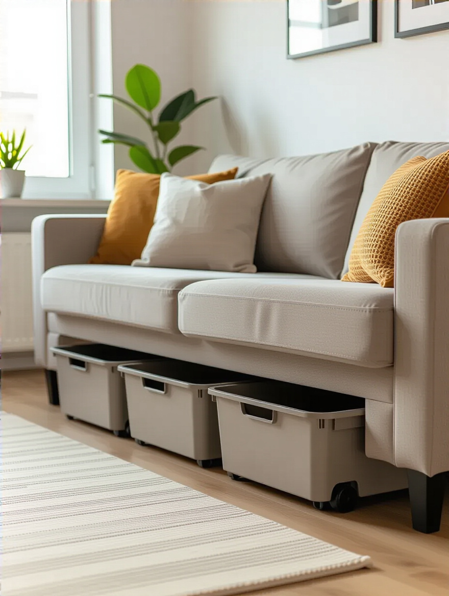 Under-furniture storage bins neatly organized under a modern sofa in a small living room