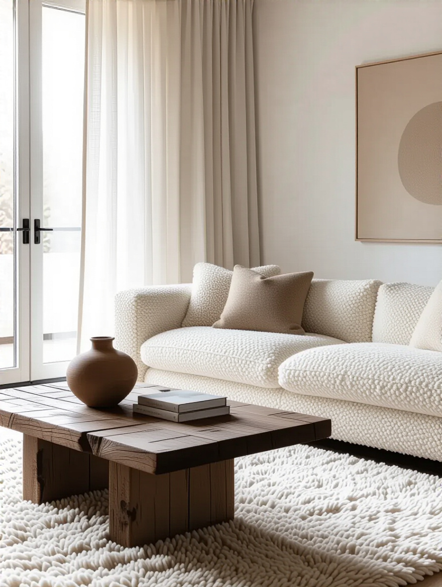 Living room with varied textures including boucle sofa, wool rug, distressed wood table, linen curtains, and ceramic vase