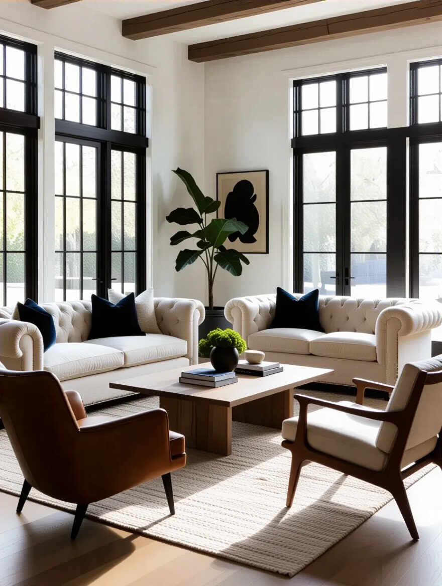 Eclectic living room interior with diverse furniture silhouettes and scales showcasing a dynamic and layered design