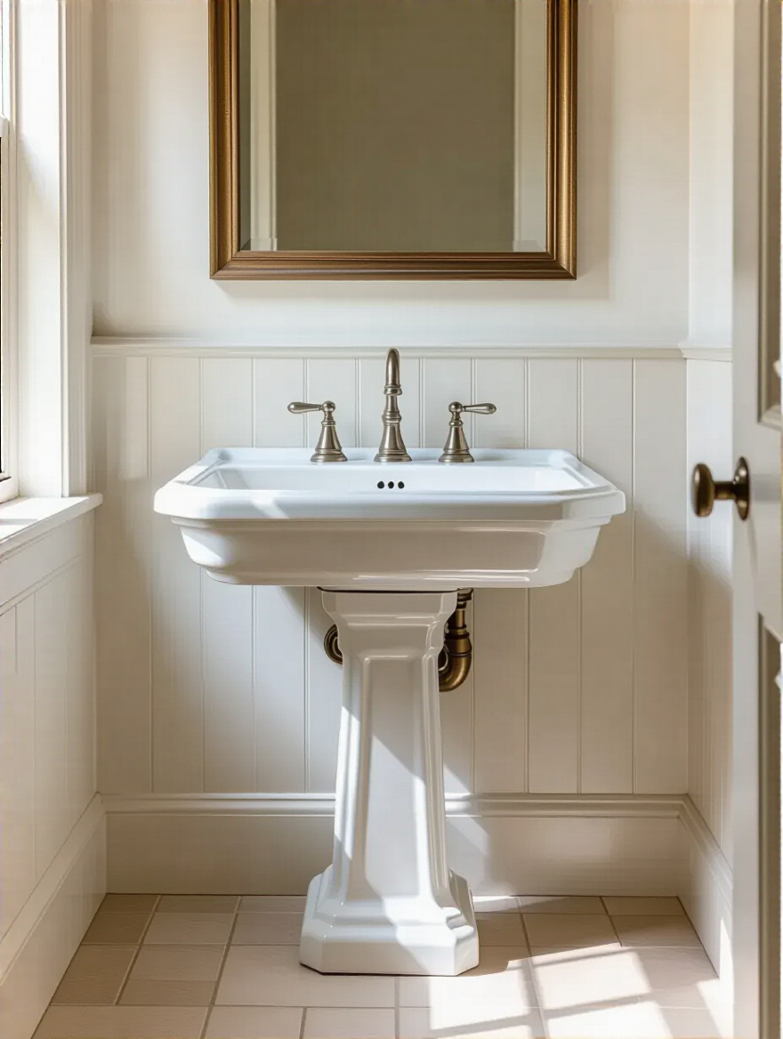 Small bathroom with a white pedestal sink showcasing an airy and open feel with exposed floor space