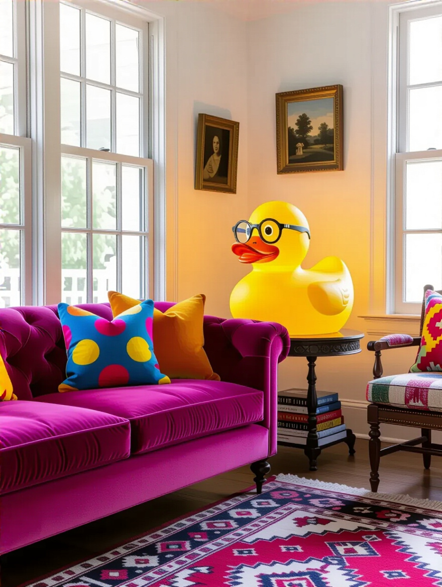 Eclectic living room with colorful sofa, oversized whimsical rubber duck lamp, and playful decorative touches