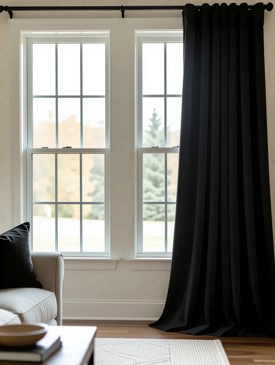 Cozy living room corner with floor-length dark blackout curtains installed for light control and insulation