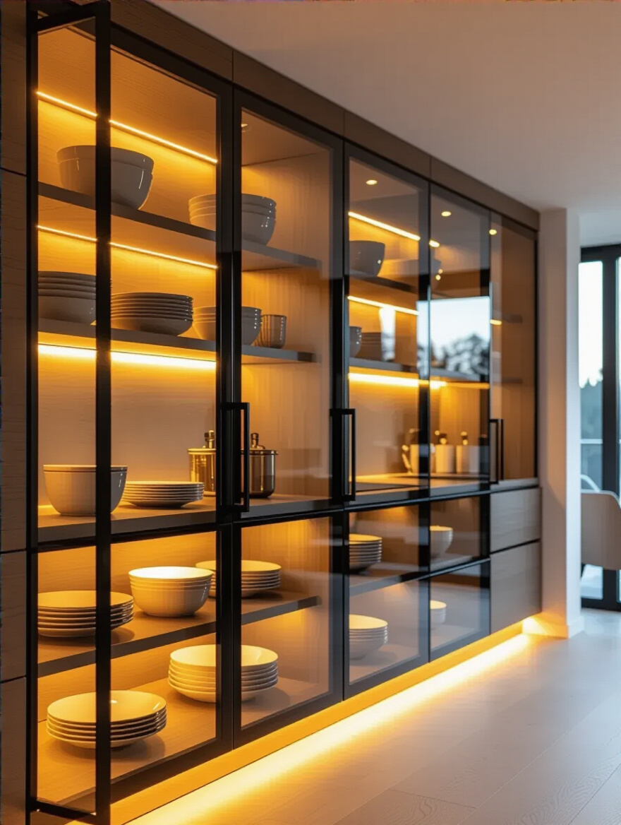 Modern kitchen with illuminated interior cabinet lighting showcasing elegant dishware.