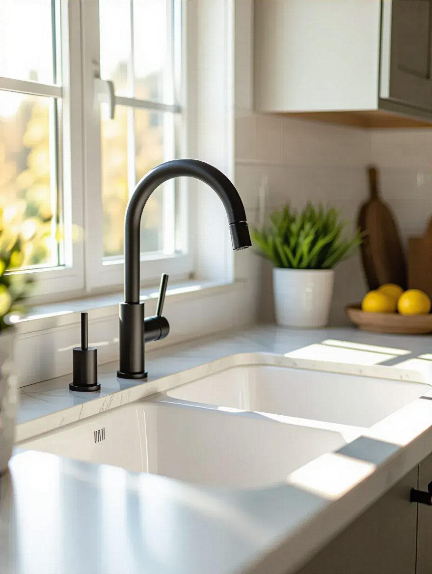 Modern kitchen sink featuring a stylish low-flow faucet, showcasing eco-friendly design.