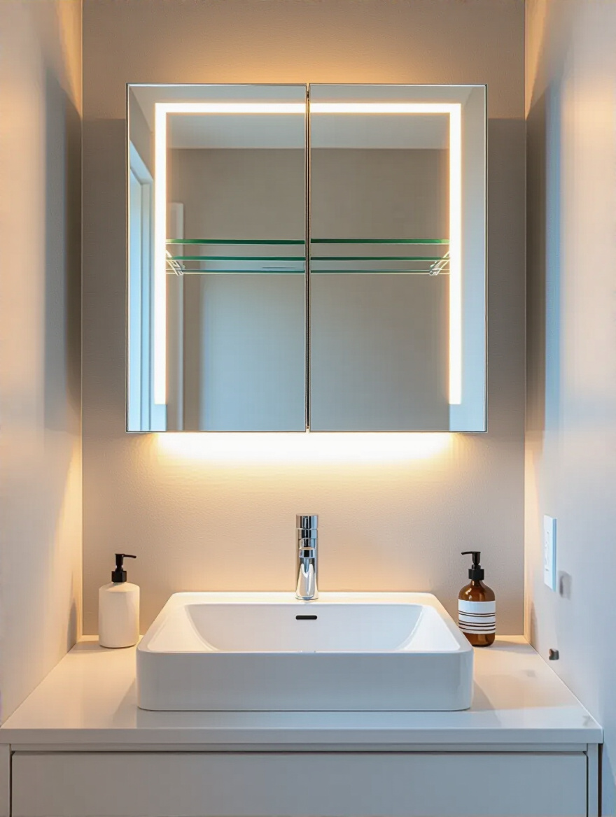 Small bathroom with recessed mirrored medicine cabinet above sink showcasing concealed storage and integrated LED lighting