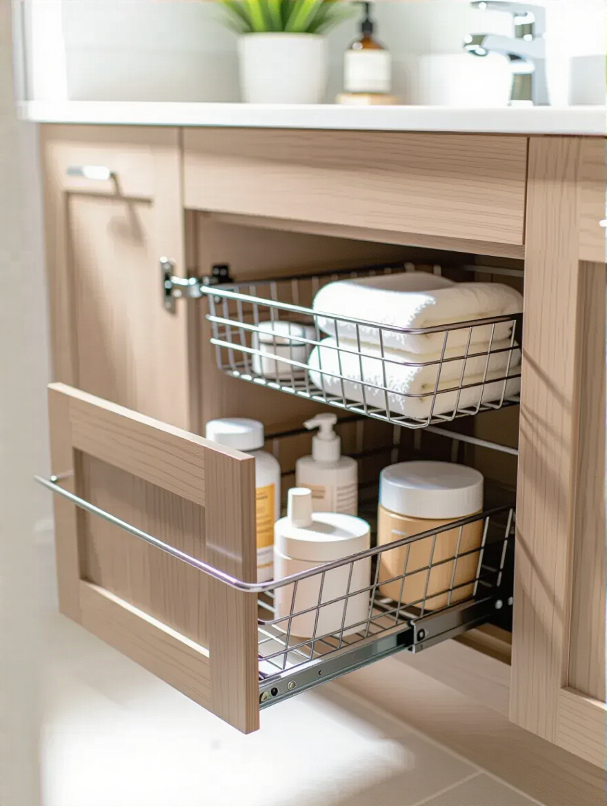 Small bathroom vanity with installed pull-out bins showing organized toiletries inside cabinet