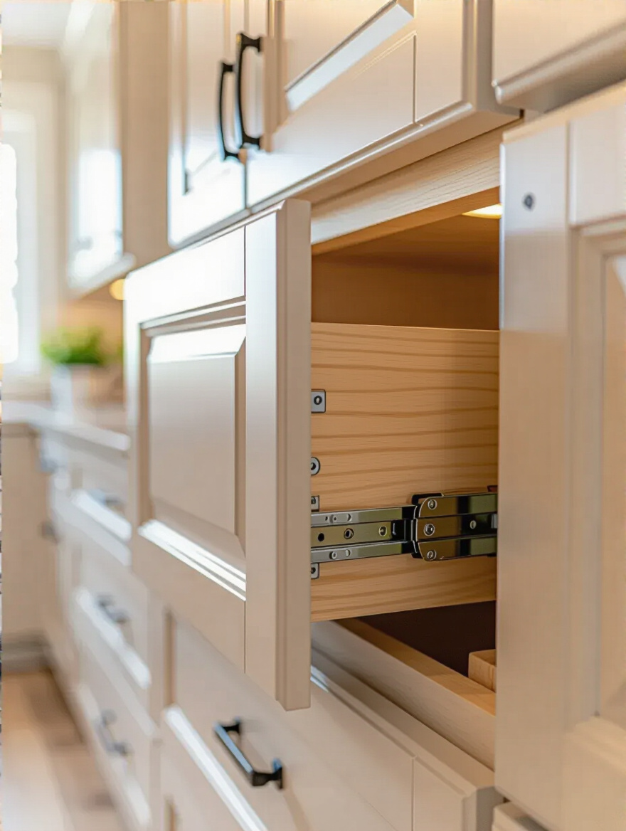Close-up of soft-close hinge mechanism on a kitchen cabinet door.