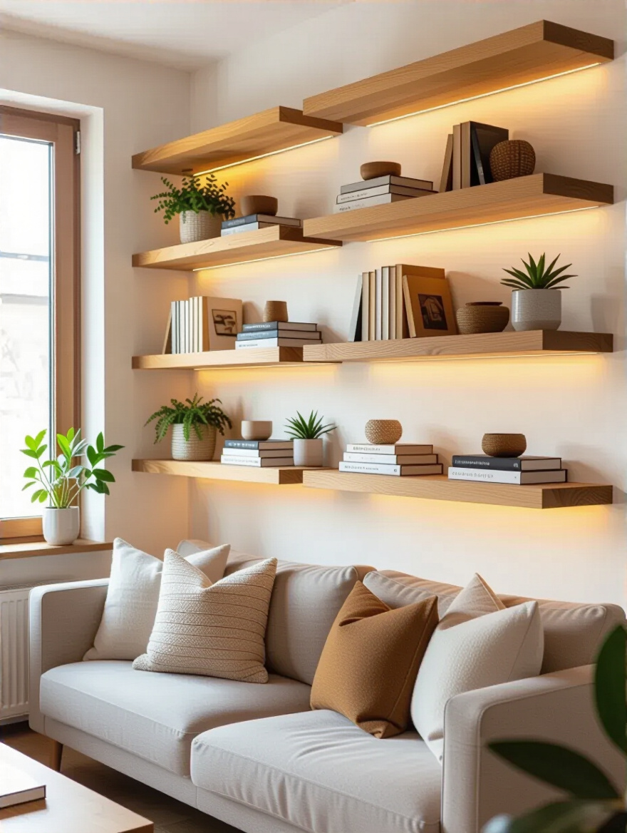 Wall-mounted shelving units in a cozy living room for vertical organization with warm lighting