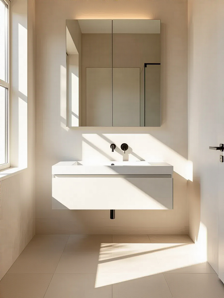 Small bathroom with modern floating vanity and open visible floor space underneath
