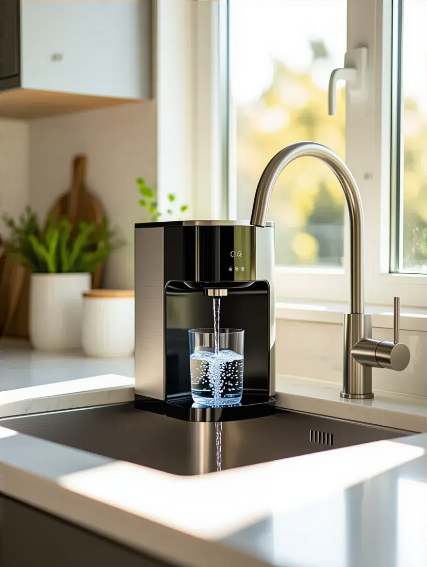 Modern kitchen with point-of-use water filter under the sink